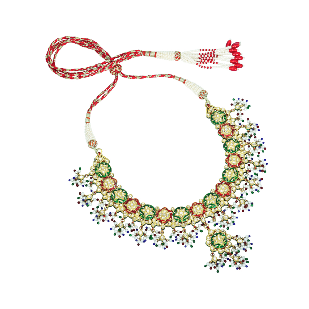 Floral Necklace with Polki, Red-Green Enamel, Pearls, and Beads